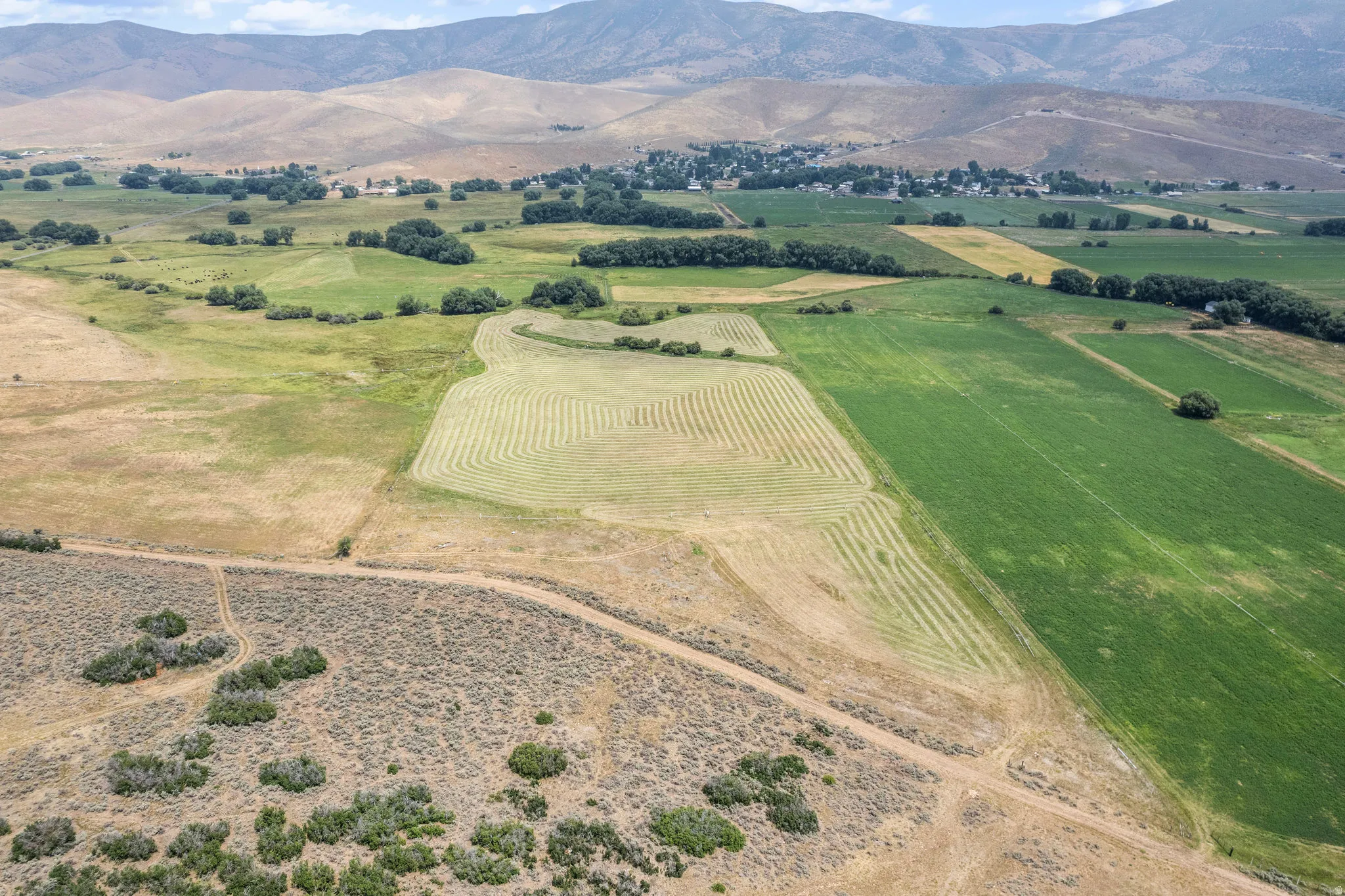 Expansive agricultural land featuring varied crop fields and natural terrain