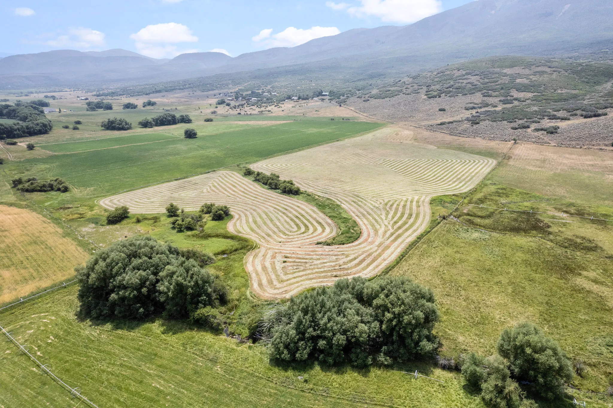 Expansive agricultural landscape featuring cultivated fields and natural terrain
