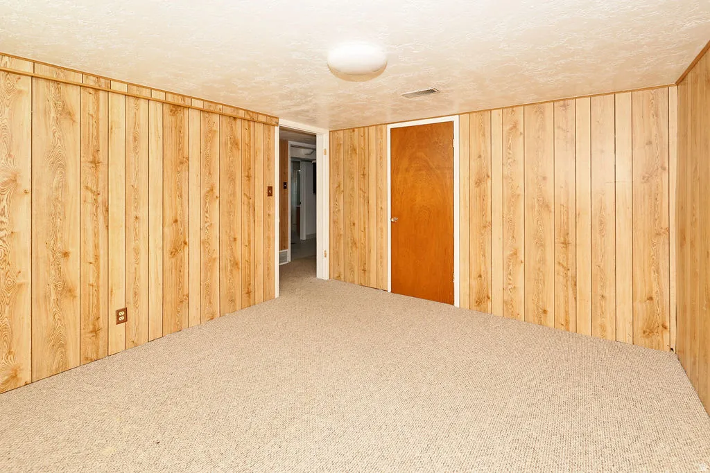 Room featuring wood-paneled walls, light-toned carpeting, and a flush-mount ceiling light