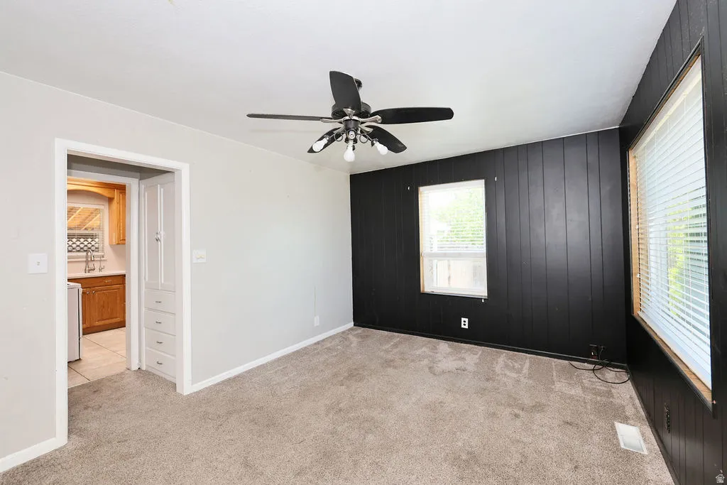 Carpeted room featuring a ceiling fan, a black accent wall with vertical paneling, and two windows with blinds