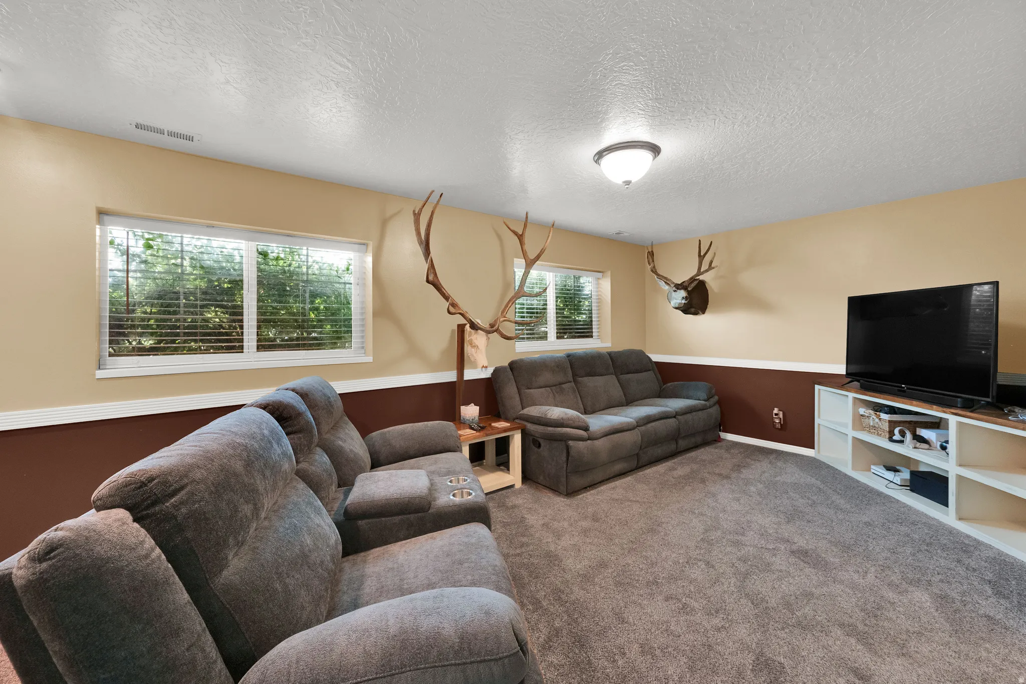 Downstairs living room with daylight windows and 2 tone paint.