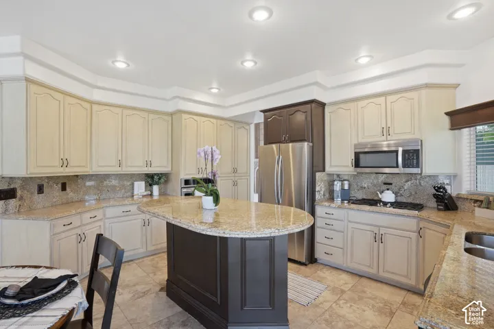 Gourmet kitchen featuring a central island with a granite countertop, extensive cabinetry, stainless steel appliances, recessed lighting, and tile flooring