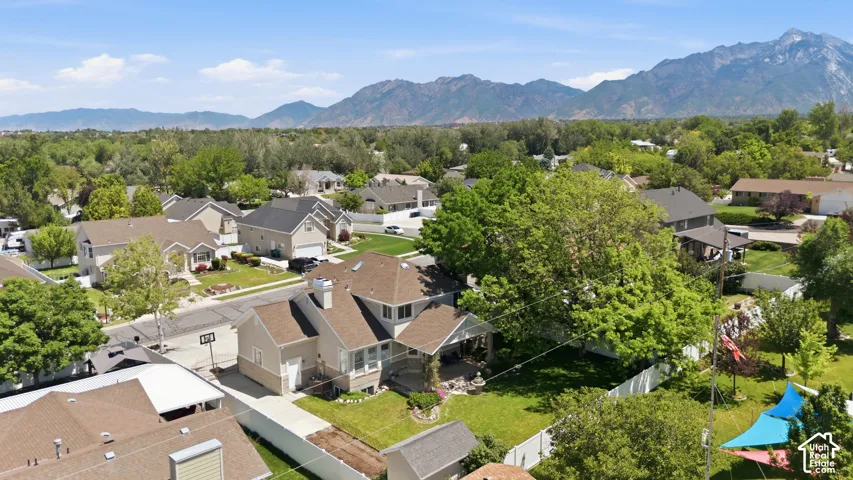 Aerial perspective showcasing a residential area with varied housing styles and mature tree coverage