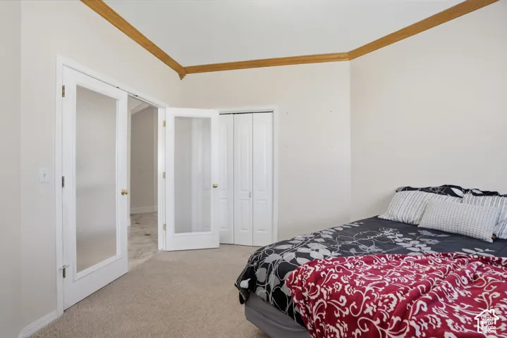 Room featuring warm beige wall paint and golden crown molding