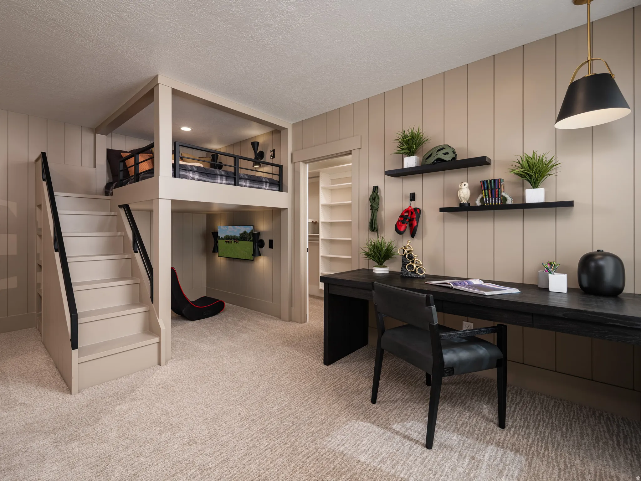 Built-in loft sleeping area with integrated staircase and metal railing