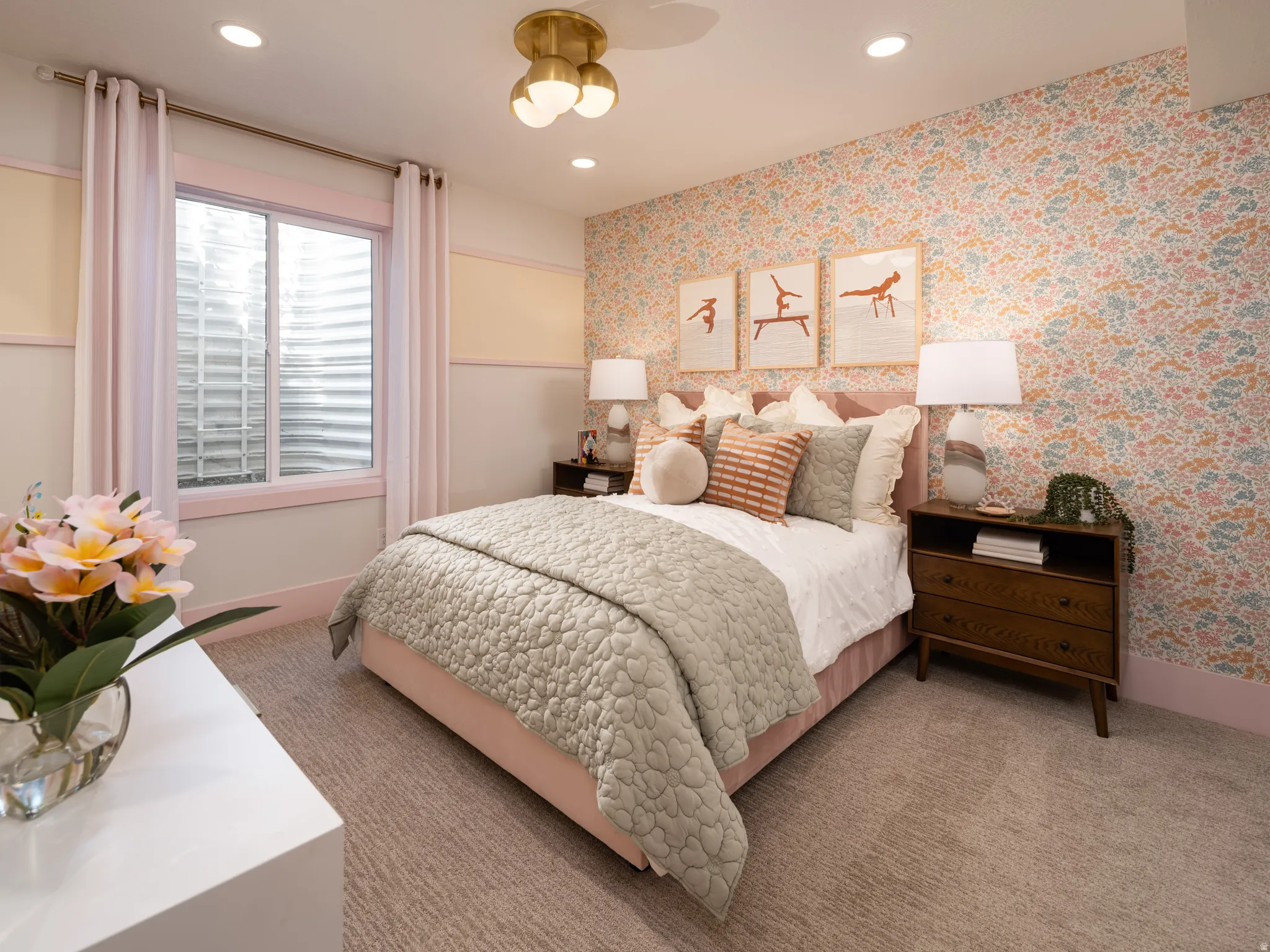 Bedroom featuring a window with privacy blinds, recessed ceiling lights, and a brass-tone semi-flush mount fixture