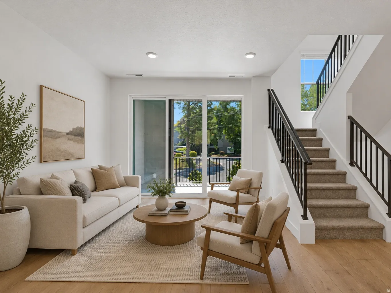 Bright open-concept living space featuring wood-finish flooring, white walls, recessed lighting, and a large sliding glass door with balcony access