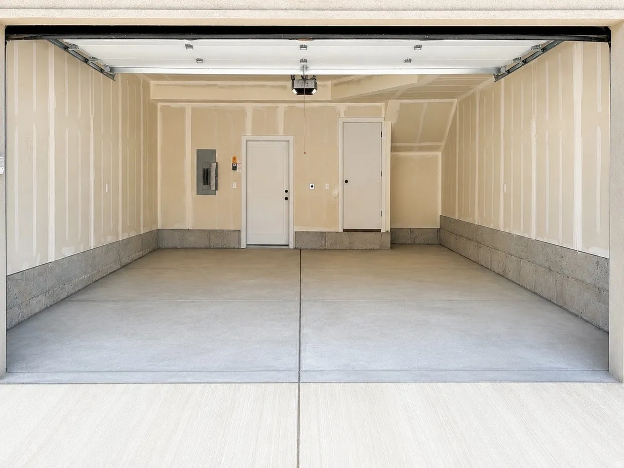 Attached two-car garage featuring a concrete floor, two entry doors, an electrical panel, and an exterior charging port