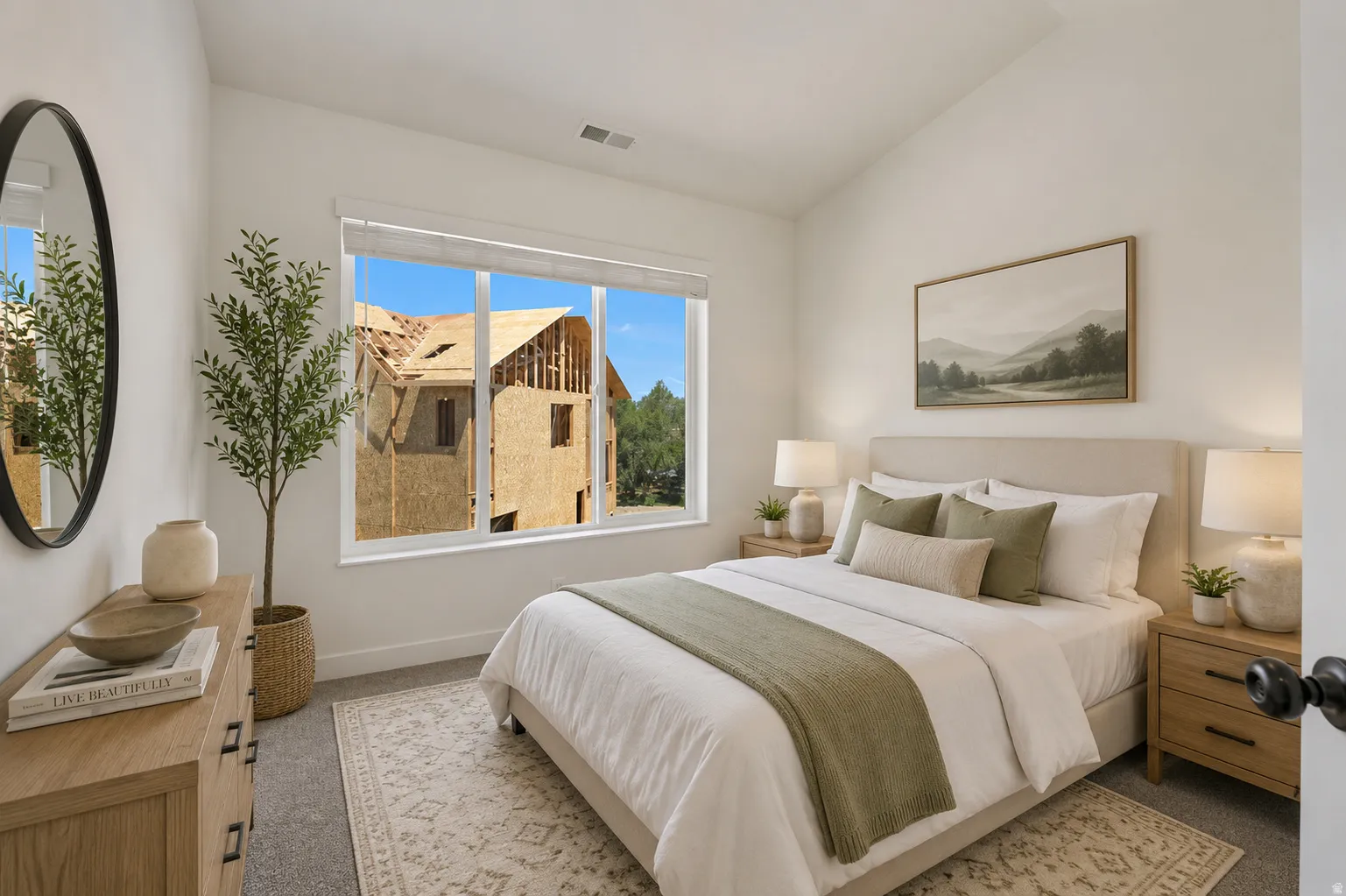 Bright bedroom featuring a large window, vaulted ceiling, and neutral carpet flooring