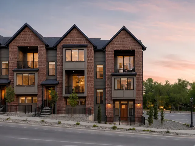 Modern townhome exterior featuring brick and siding facade, private balconies, large windows, dark-pitched roofs, and individual entrances with exterior lighting