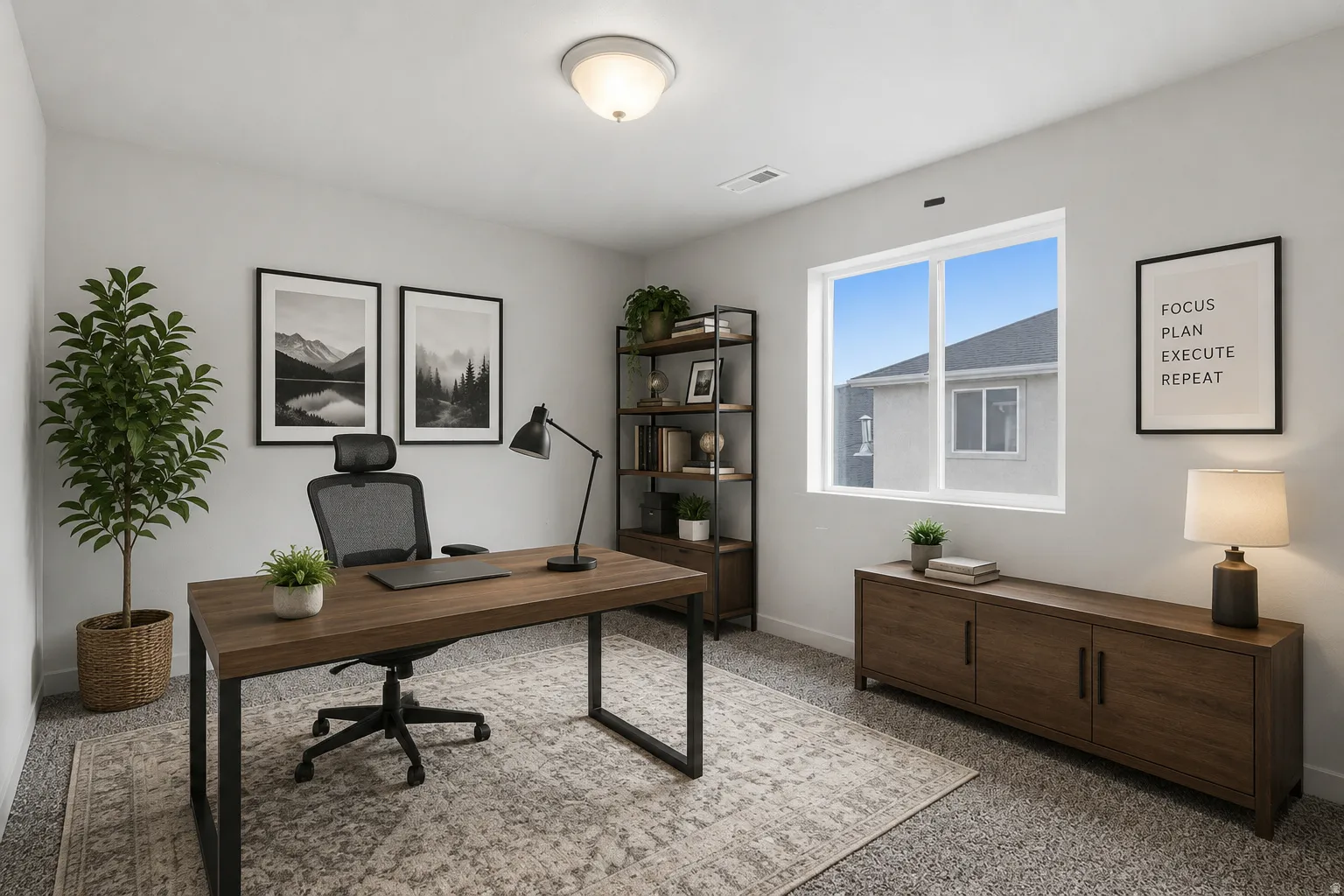 Versatile room featuring light gray walls, plush carpet flooring, a large window, and a flush mount ceiling light