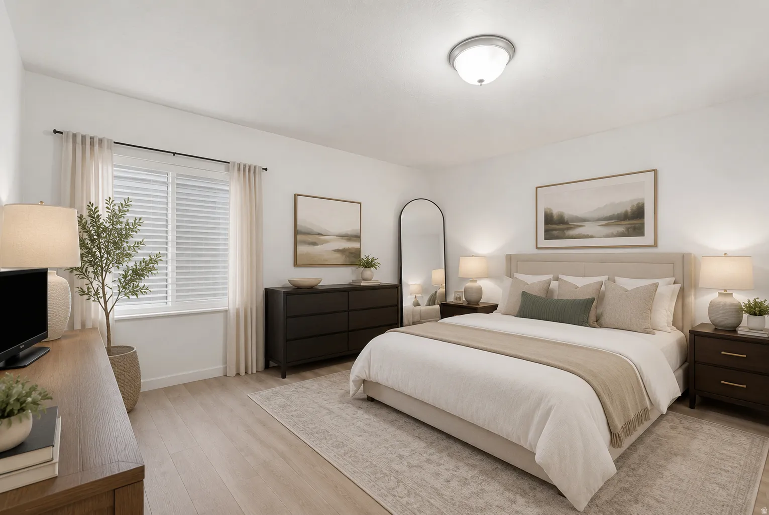 Spacious room featuring light-toned wood-finish flooring and a central ceiling light fixture
