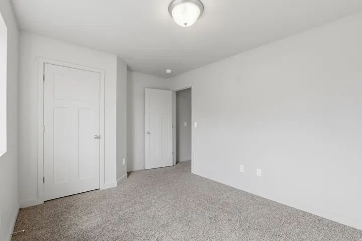 Neutral-toned wall finishes complement the grey carpeted flooring