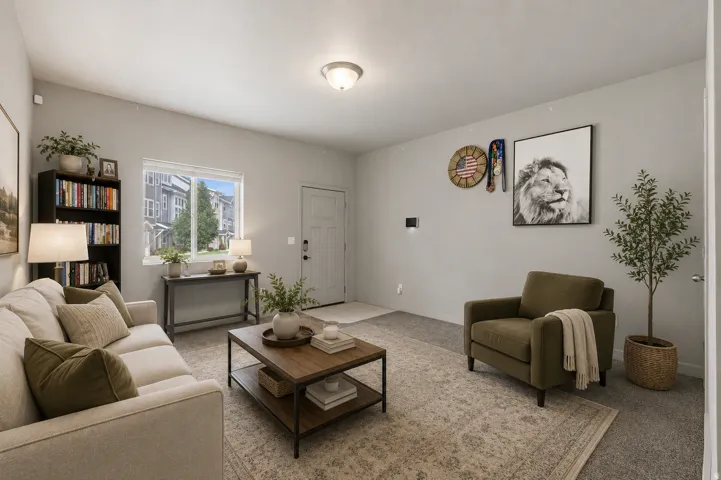 Comfortable living area featuring light gray walls, carpet flooring, a front entry door with side window, a window overlooking the neighborhood, and a ceiling-mounted light fixture