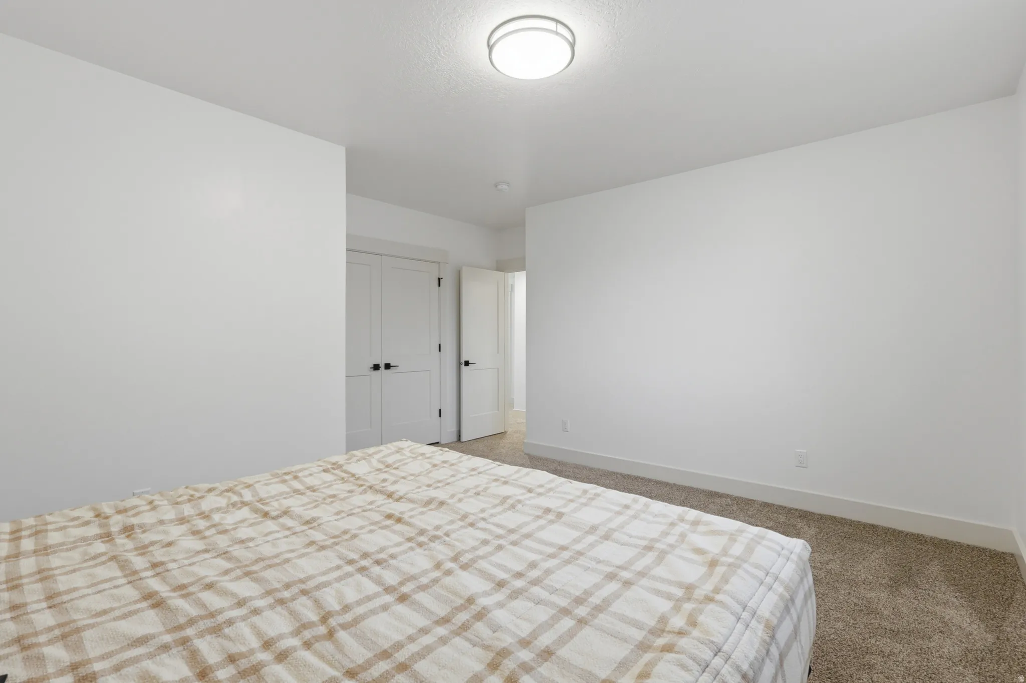 Bedroom #5 Carpeted room featuring white walls, a flush-mount ceiling light, and white interior doors with matte black hardware