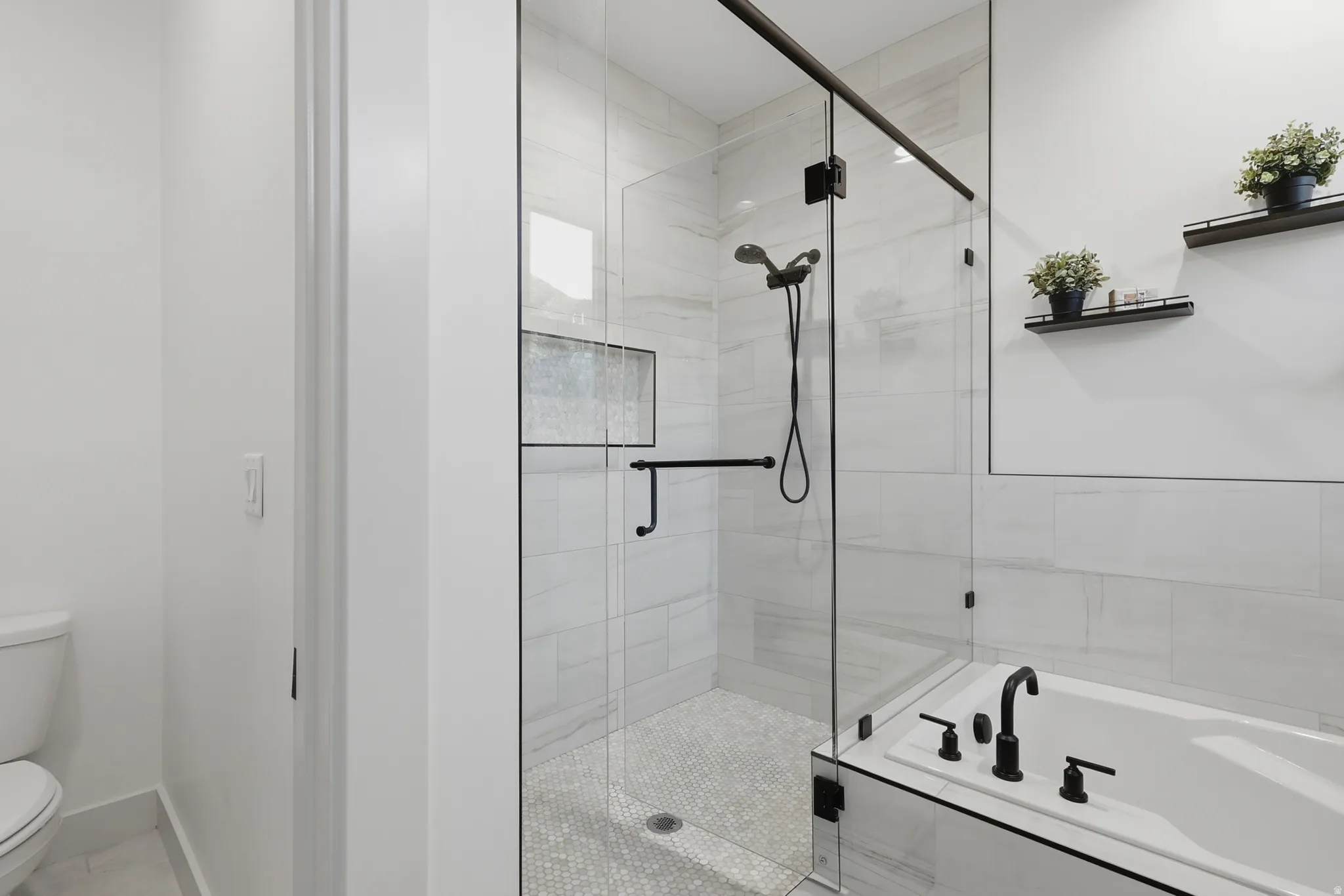 Modern bathroom featuring a glass-enclosed shower with black hardware, a recessed shower niche, and mosaic tile flooring