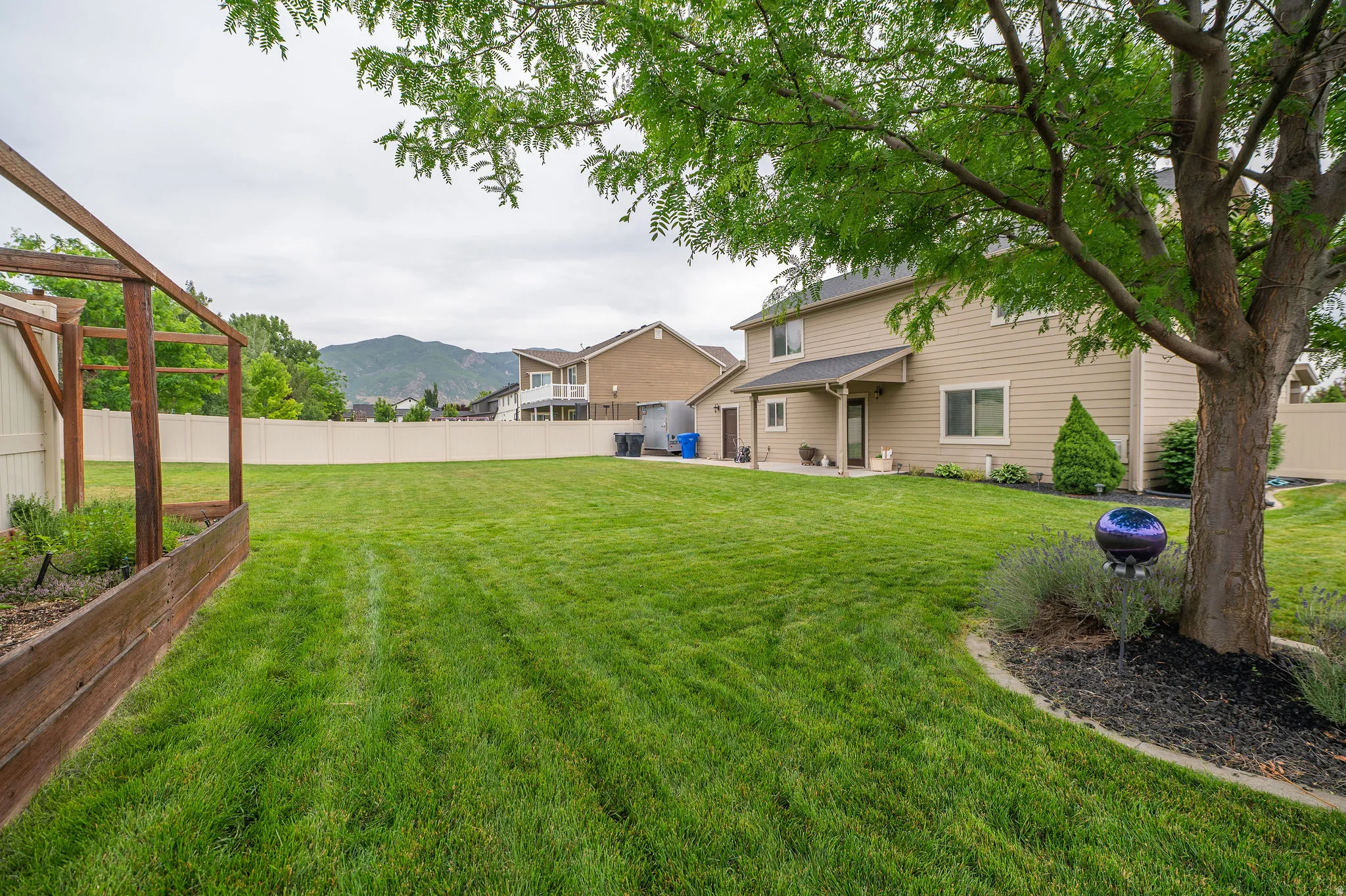 Expansive rear yard featuring a large grass lawn, a wood-framed garden bed, and a mature shade tree with landscape edging