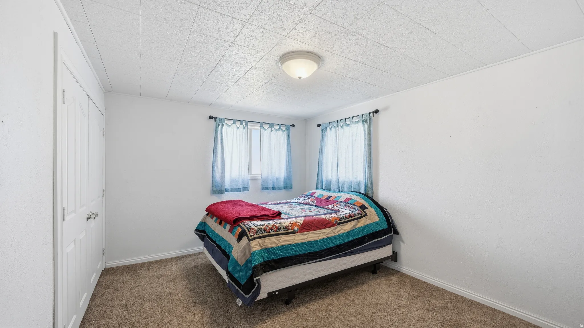 Bedroom featuring carpet flooring, dual windows, and a flush mount ceiling light