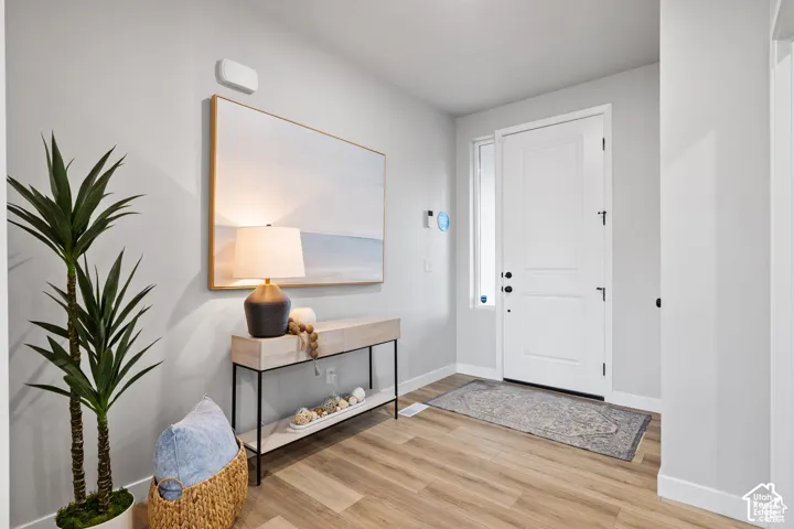 Entryway featuring wood-finish flooring, a white paneled entry door, and a vertical window