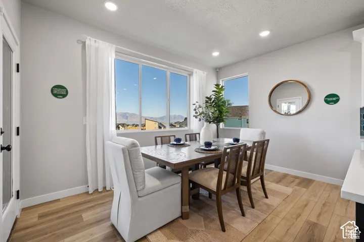 Dining area featuring wood-finish flooring and recessed lighting