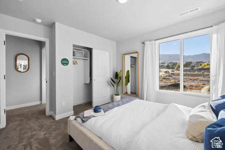 Bedroom featuring a large window, integrated closet with sliding doors, neutral wall paint, and light brown carpeting