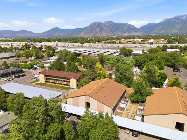 Aerial perspective showcasing multiple residential buildings