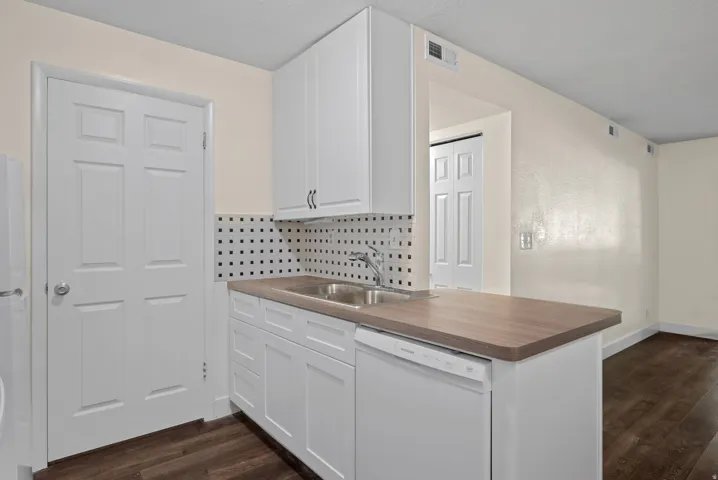 Kitchenette featuring white cabinetry, a double basin sink, a patterned tile backsplash, wood-finish countertops, and dark wood-finish flooring