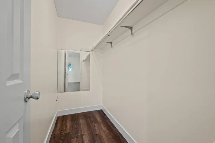 Walk-in closet featuring wood-finish flooring, light-toned walls, built-in shelving, and a wall-mounted mirror