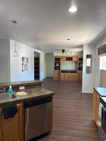 Kitchen area featuring wood-finish flooring, stainless steel dishwasher, and a sink with a stone-finish countertop