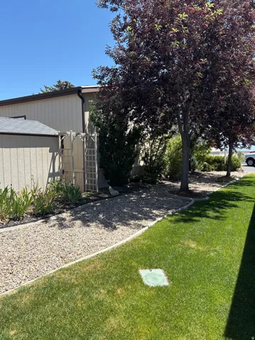 Manicured lawn with a gravel pathway, framed by mature trees and established plantings