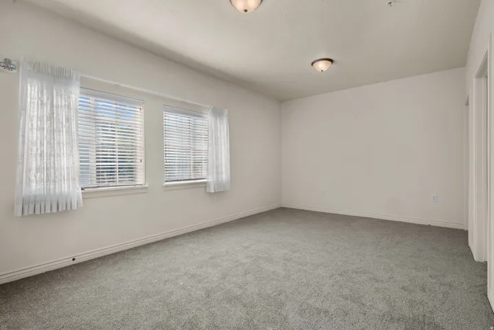 Carpeted interior space featuring two windows with blinds and sheer curtains, white painted walls, and two ceiling-mounted light fixtures