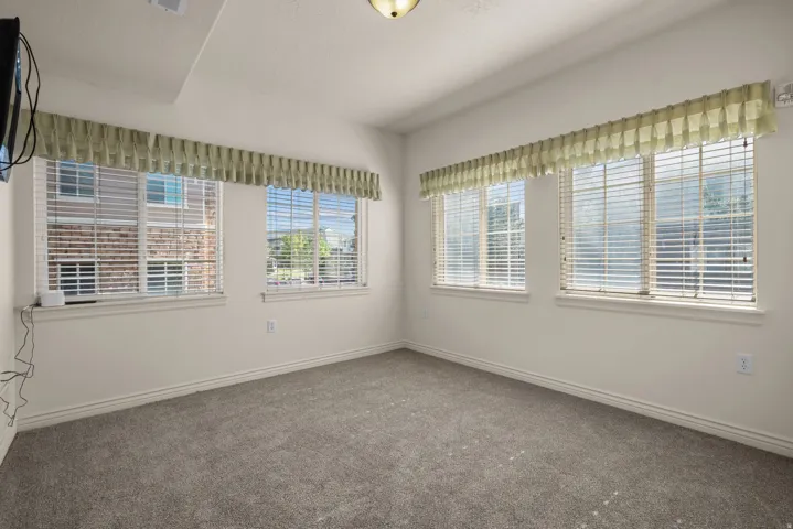 Carpeted room with a ceiling-mounted light fixture and white baseboards