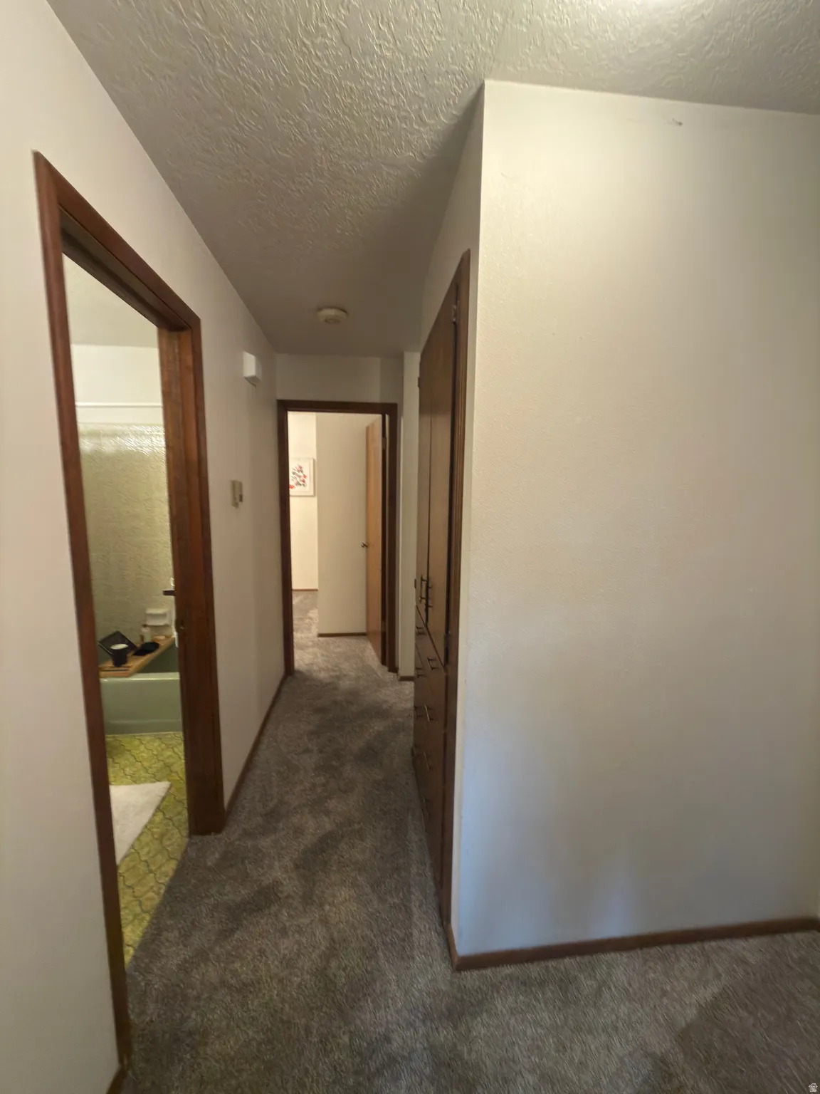 Hallway with gray carpet flooring and white walls