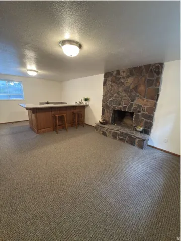 Spacious room featuring a stone-clad fireplace and a built-in bar with a countertop