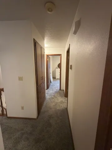 Hallway featuring gray carpeting, white walls, wood trim, and wood built-in cabinetry