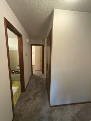Hallway with gray carpet flooring and white walls
