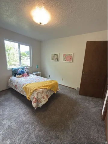 Bedroom featuring light-colored walls, gray carpeting, and a window providing natural illumination