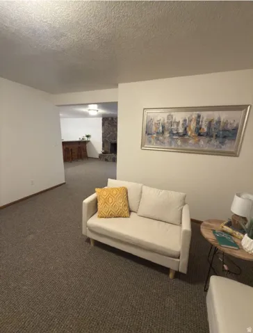 Neutral tone carpeting extends throughout this interior space