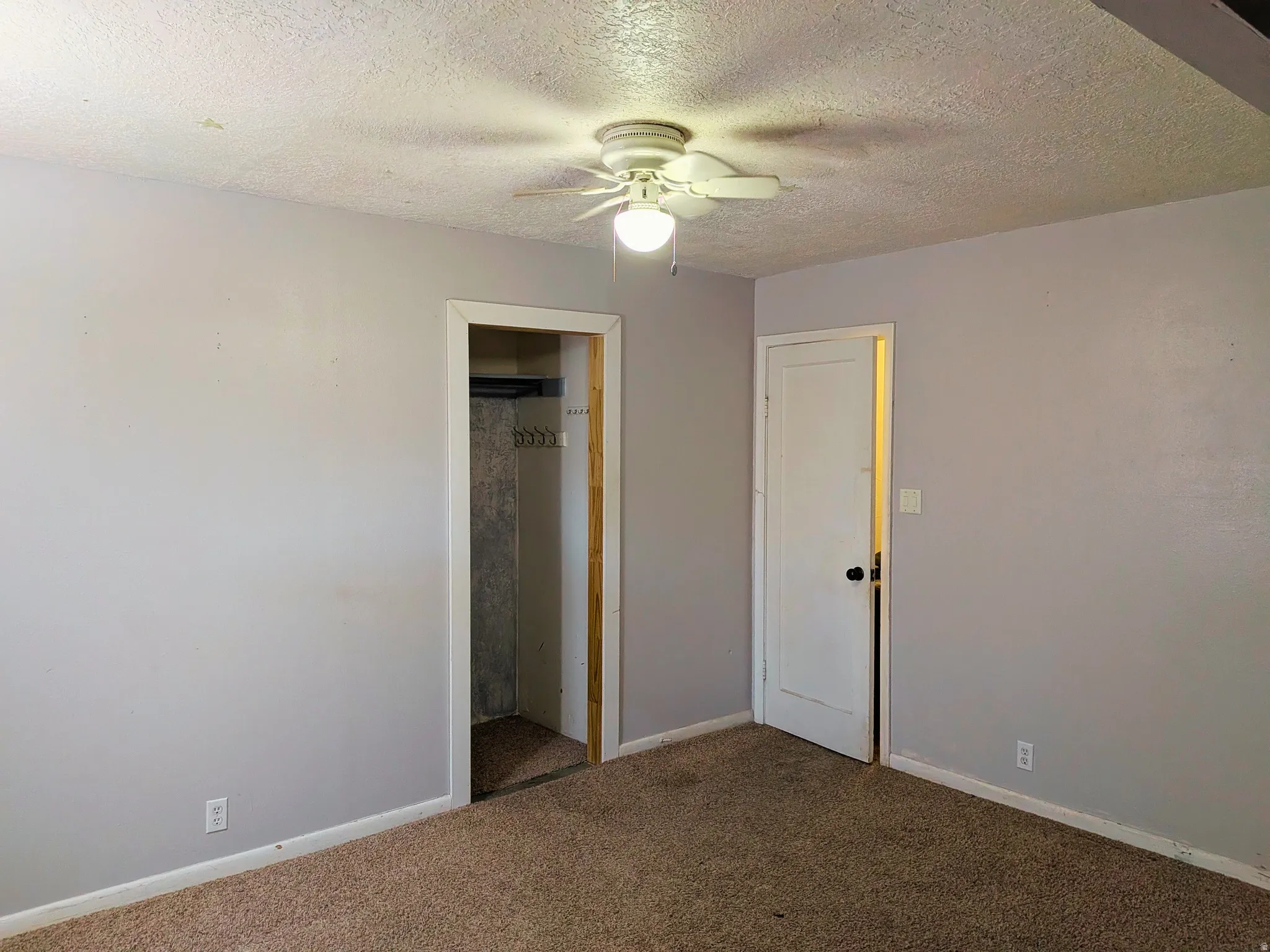 Carpeted room featuring light gray walls, a ceiling fan with integrated lighting, and a closet with a hanging rod