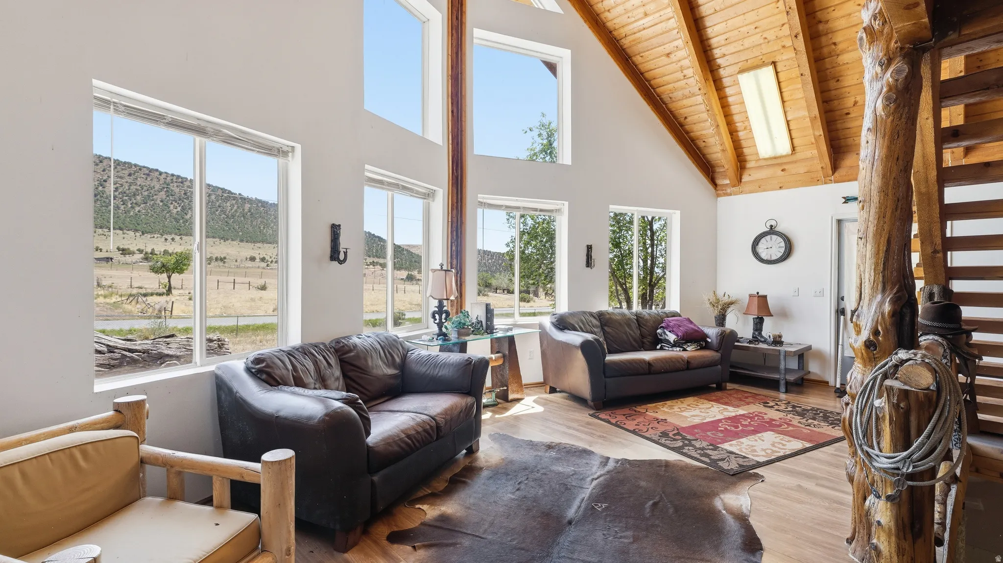 Vaulted wood-paneled ceiling with exposed beams