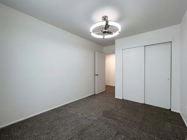 Room with dark gray carpet flooring, white walls, and a contemporary ceiling light fixture
