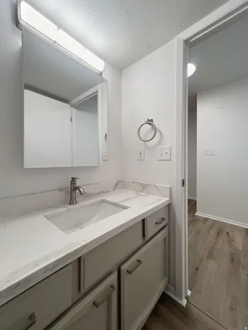Vanity featuring a built-in rectangular sink, stone-finish countertop, and brushed nickel faucet