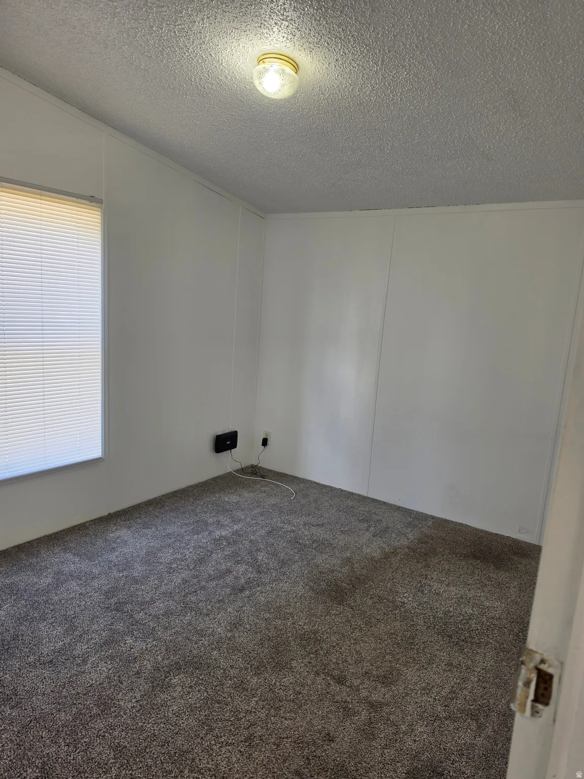 Neutral wall color with a textured ceiling, overhead lighting fixture, and window with horizontal blinds