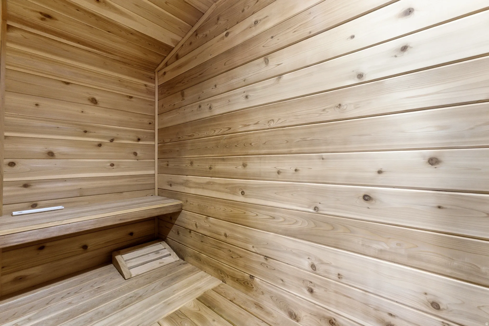 Interior sauna room featuring horizontal wood paneling, built-in benches, and sloped ceiling