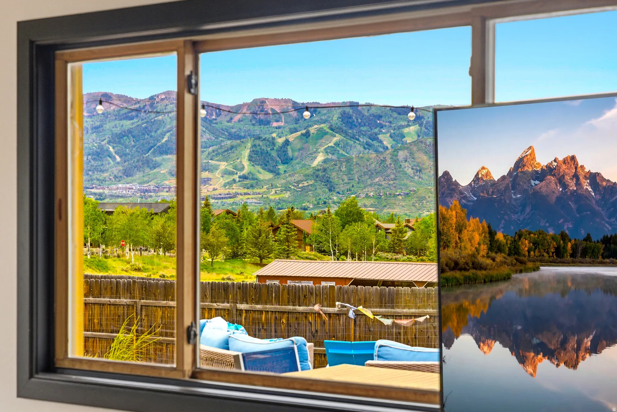Large window framing mountain scenery