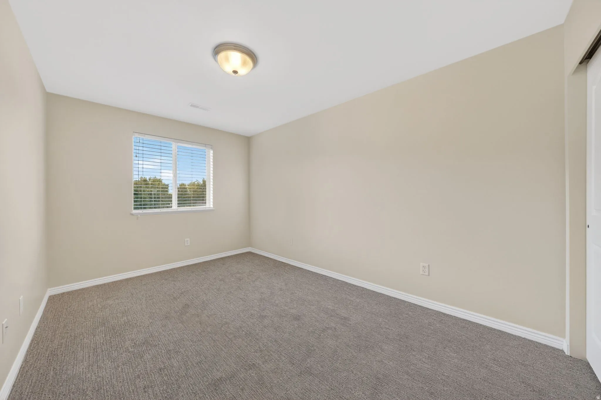 Neutral-toned interior room featuring light beige walls and a gray textured carpet