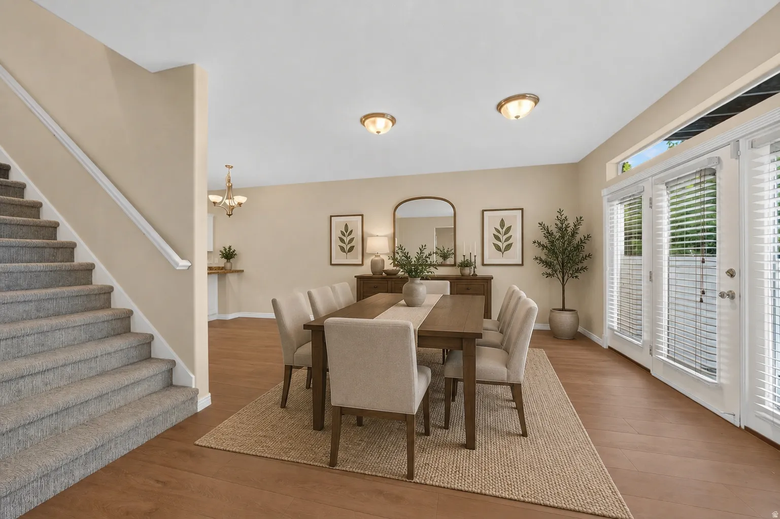 Dining area featuring wood-finish flooring, two ceiling-mounted light fixtures, a carpeted staircase with a white handrail, and double French doors with transom windows