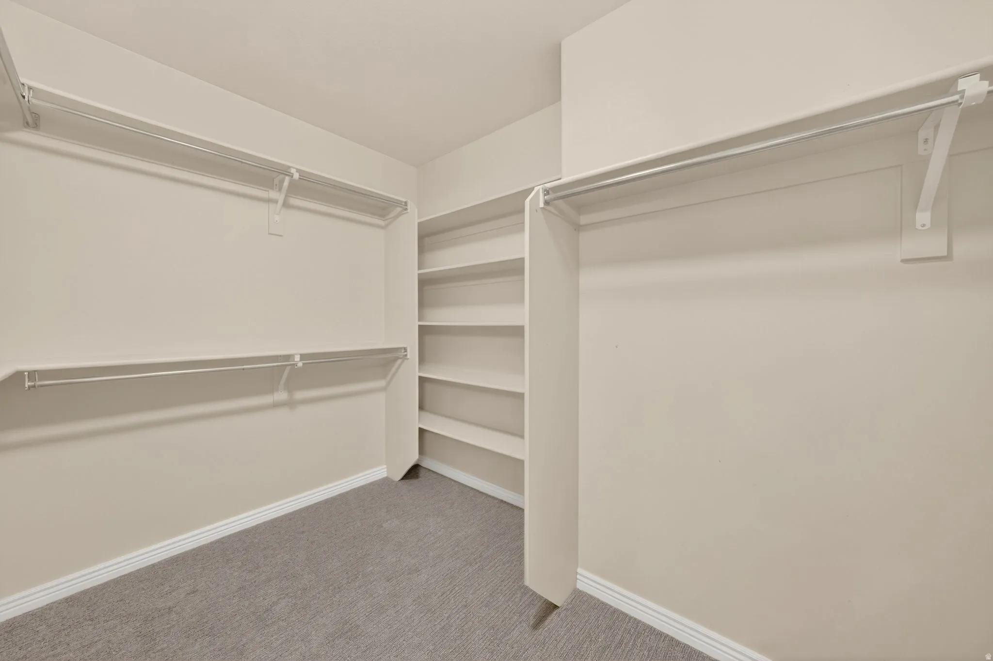 Spacious walk-in closet featuring built-in shelving, multiple hanging rods, and neutral-toned carpeting