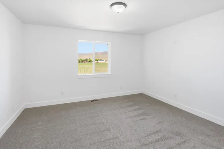 Bright interior space featuring a double-pane window, neutral gray carpet, white walls, white baseboards, and a flush-mount ceiling light