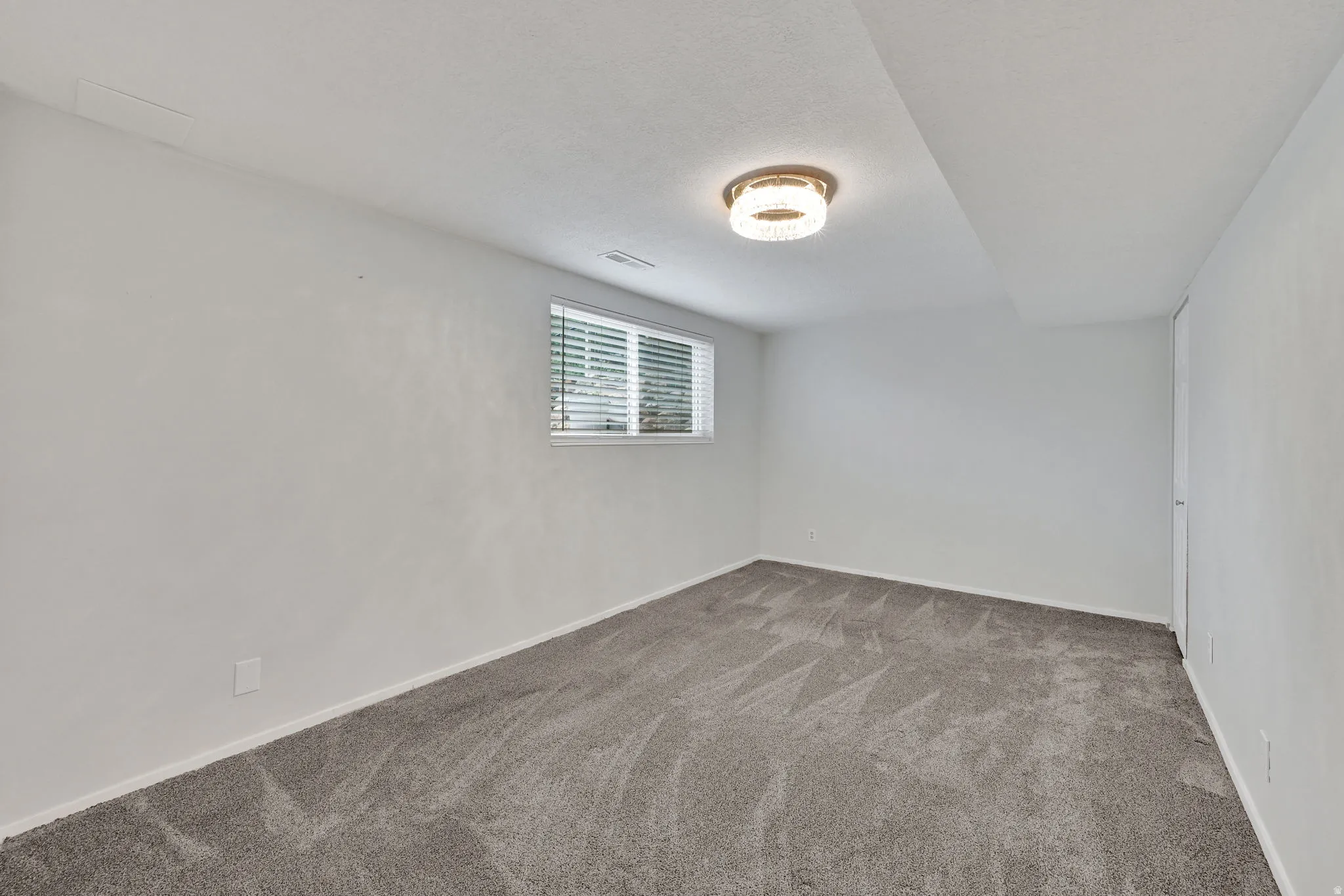 Carpeted interior space featuring a window with horizontal blinds, a flush-mount ceiling light fixture, and white wall finishes